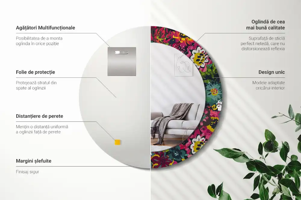 Miroir rond cadre avec impression fleurs peintes