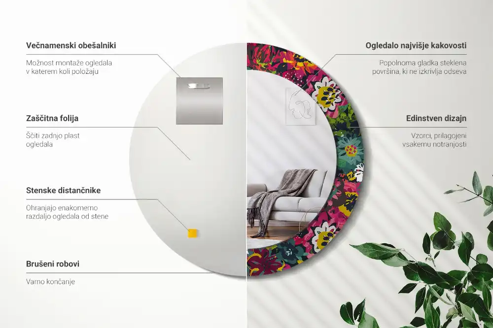 Miroir rond cadre avec impression fleurs peintes