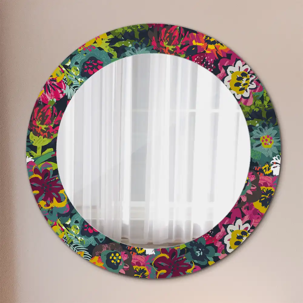 Miroir rond cadre avec impression fleurs peintes