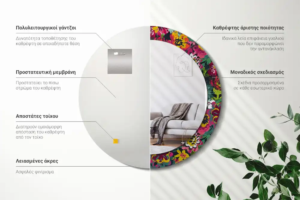 Miroir rond cadre avec impression fleurs peintes