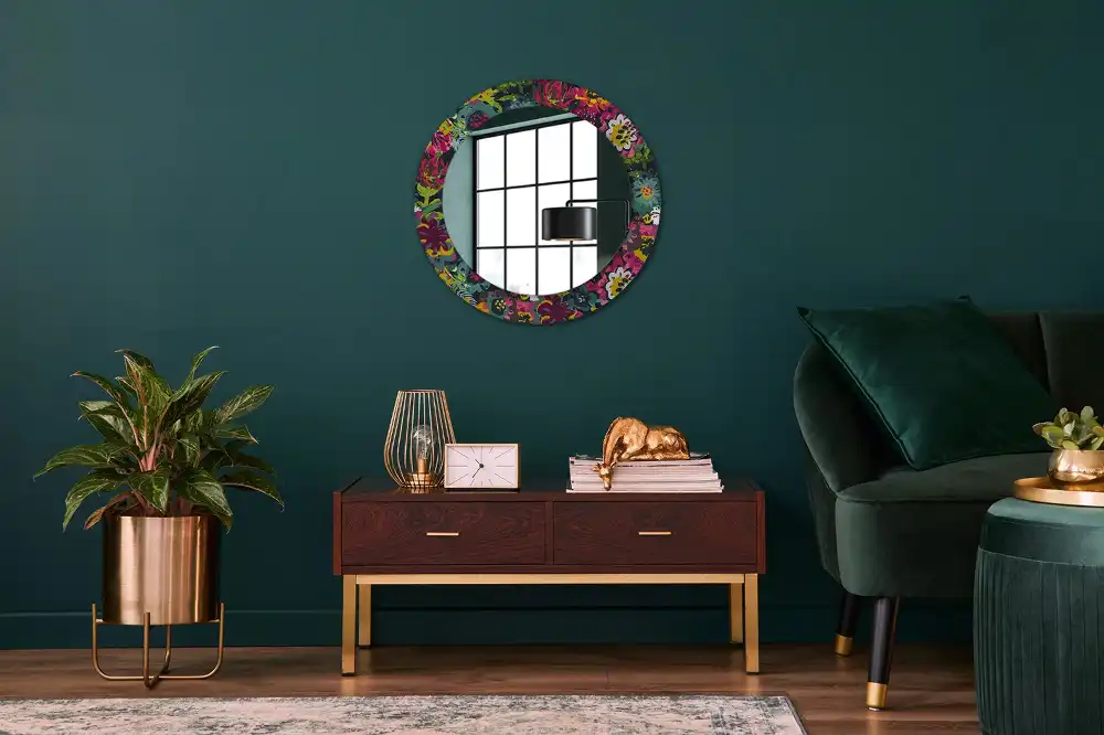 Miroir rond cadre avec impression fleurs peintes