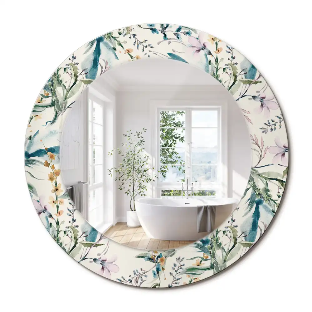 Miroir rond avec décoration fleurs à l'aquarelle