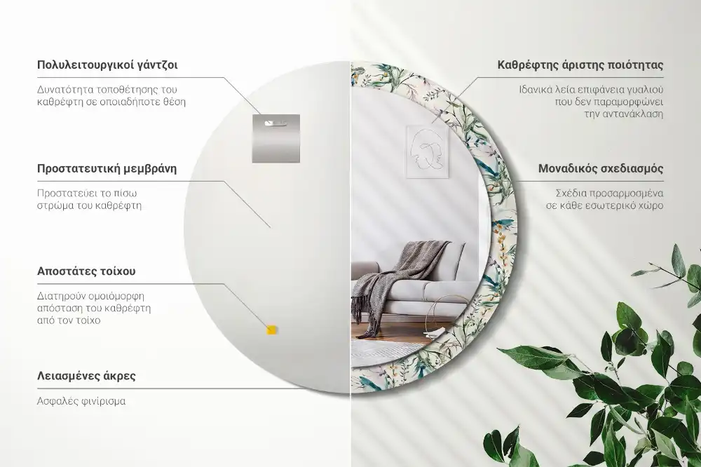Miroir rond avec décoration fleurs à l'aquarelle