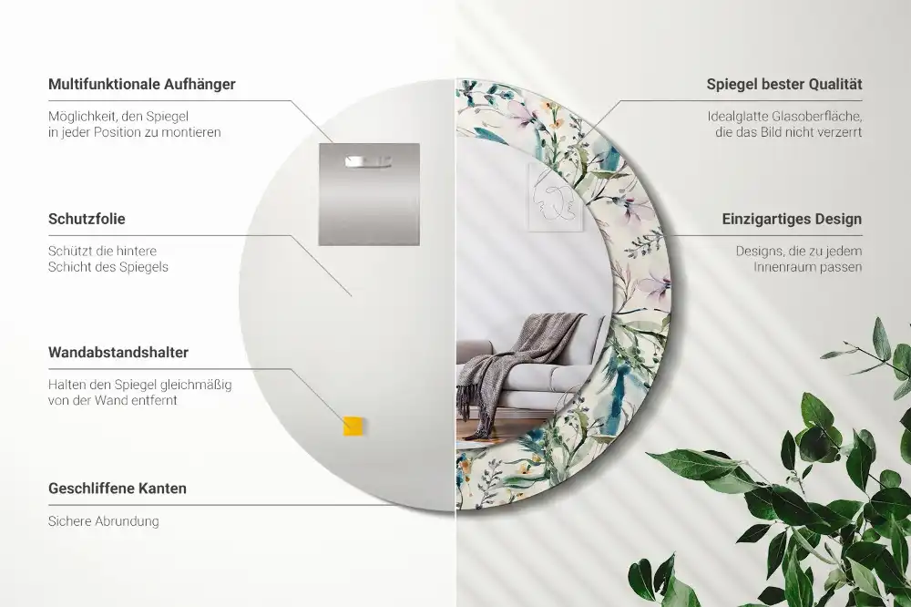 Miroir rond avec décoration fleurs à l'aquarelle