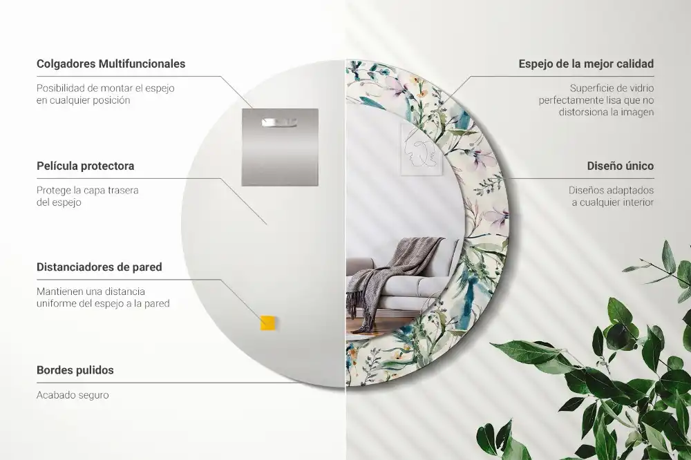 Miroir rond avec décoration fleurs à l'aquarelle