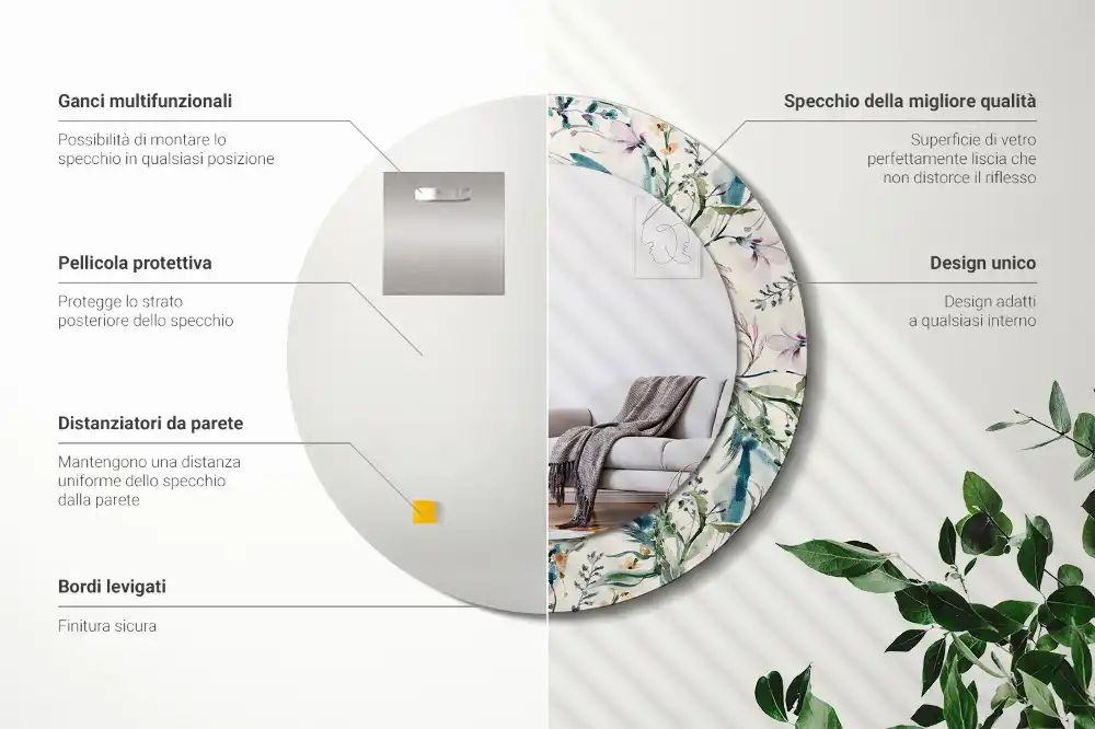 Miroir rond avec décoration fleurs à l'aquarelle