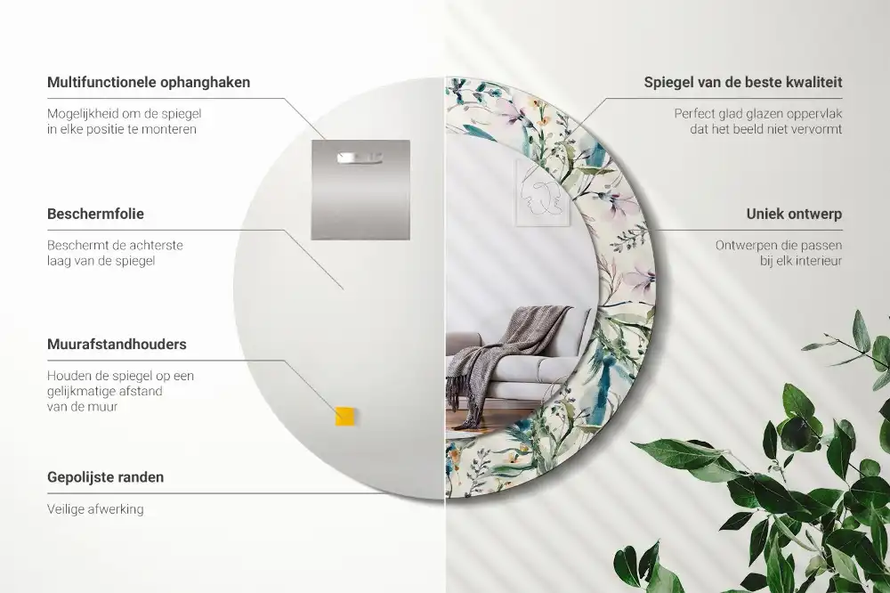 Miroir rond avec décoration fleurs à l'aquarelle