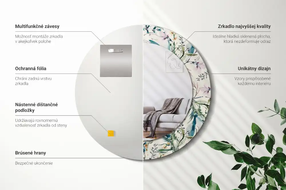 Miroir rond avec décoration fleurs à l'aquarelle