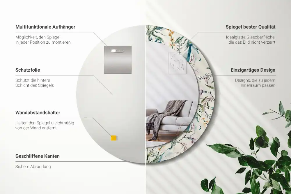 Miroir rond avec décoration fleurs à l'aquarelle