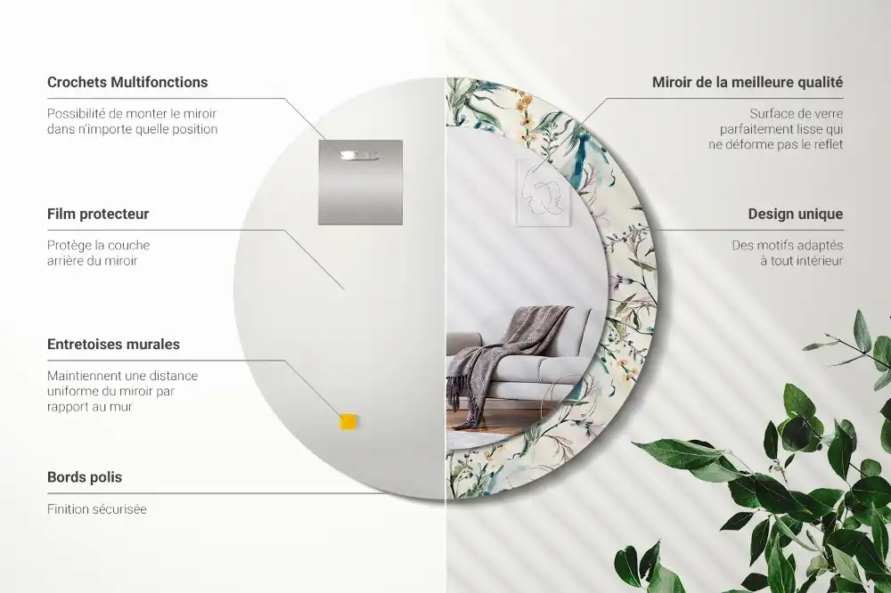Miroir rond avec décoration fleurs à l'aquarelle