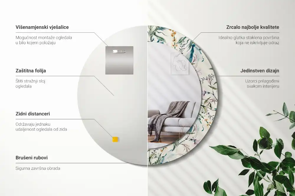 Miroir rond avec décoration fleurs à l'aquarelle