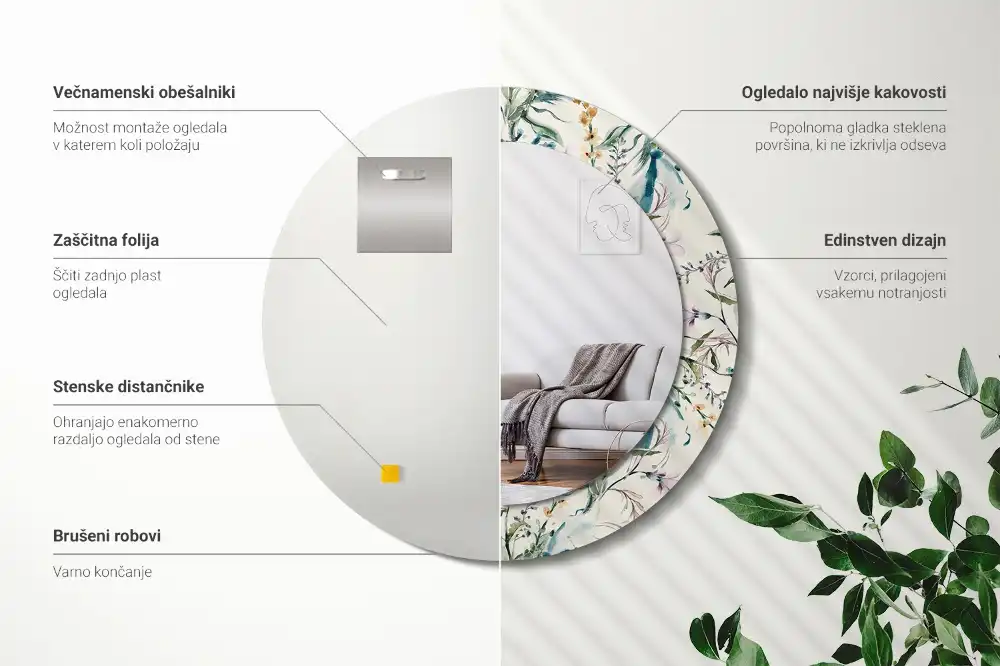 Miroir rond avec décoration fleurs à l'aquarelle