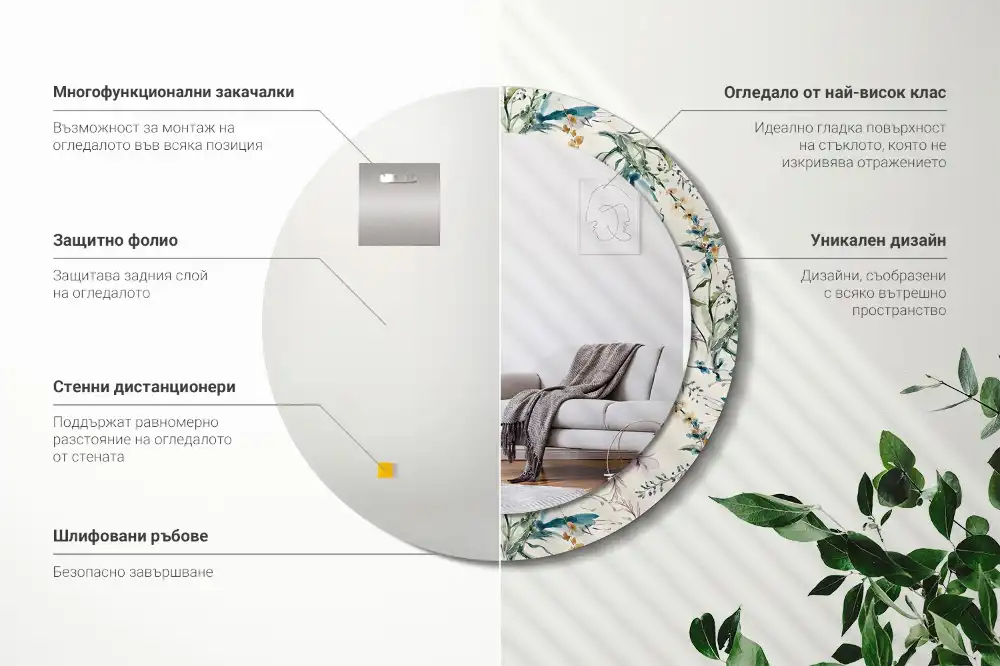 Miroir rond avec décoration fleurs à l'aquarelle