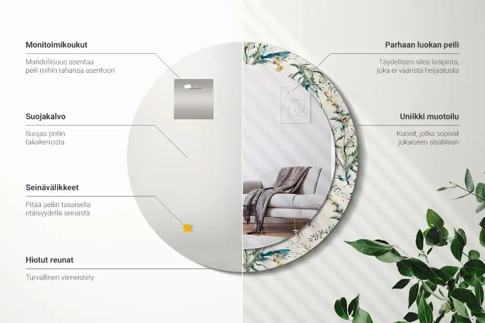 Miroir rond avec décoration fleurs à l'aquarelle