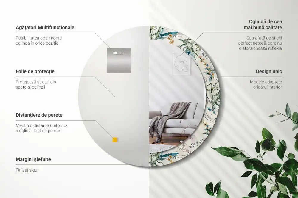 Miroir rond avec décoration fleurs à l'aquarelle