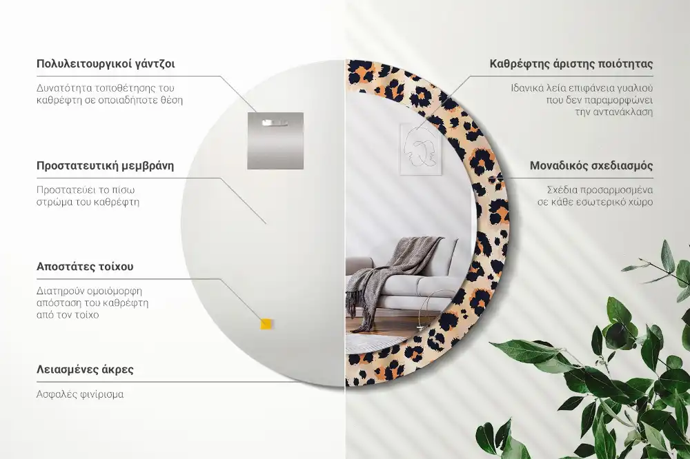 Miroir rond cadre avec impression motif à taches