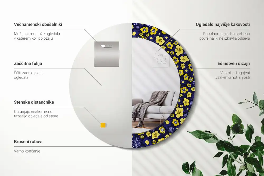 Miroir rond imprimé petites fleurs