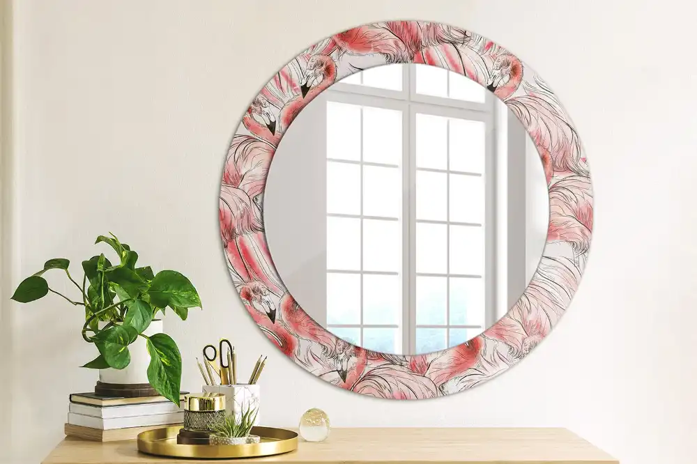 Miroir rond cadre imprimé flamants roses
