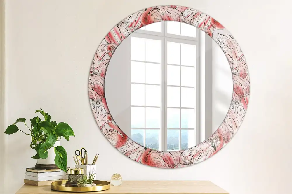 Miroir rond cadre imprimé flamants roses