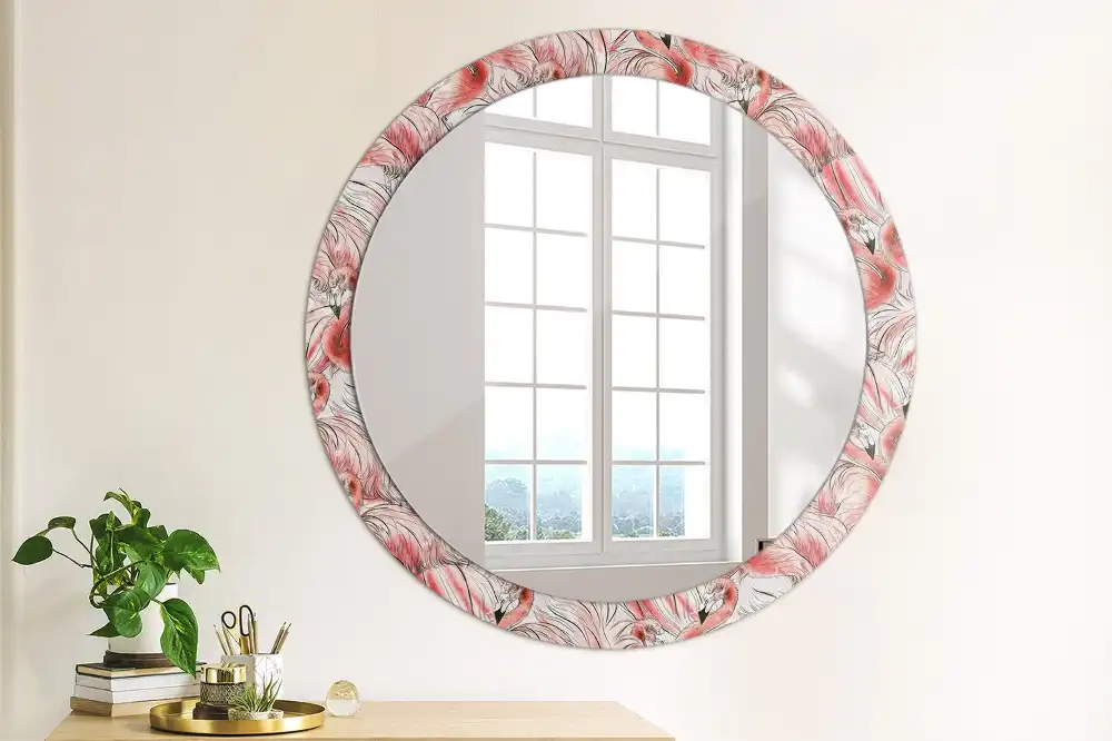 Miroir rond cadre imprimé flamants roses