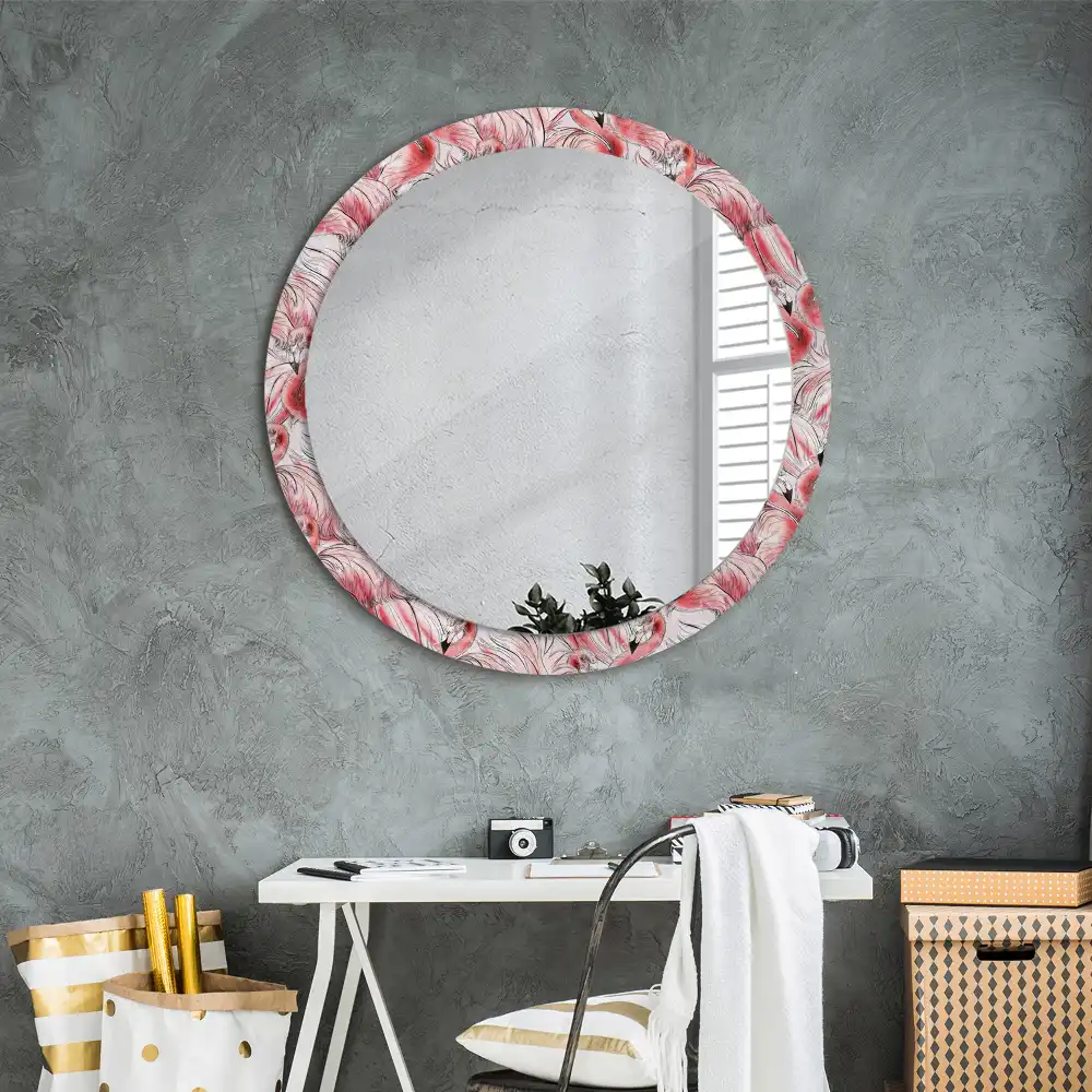 Miroir rond cadre imprimé flamants roses