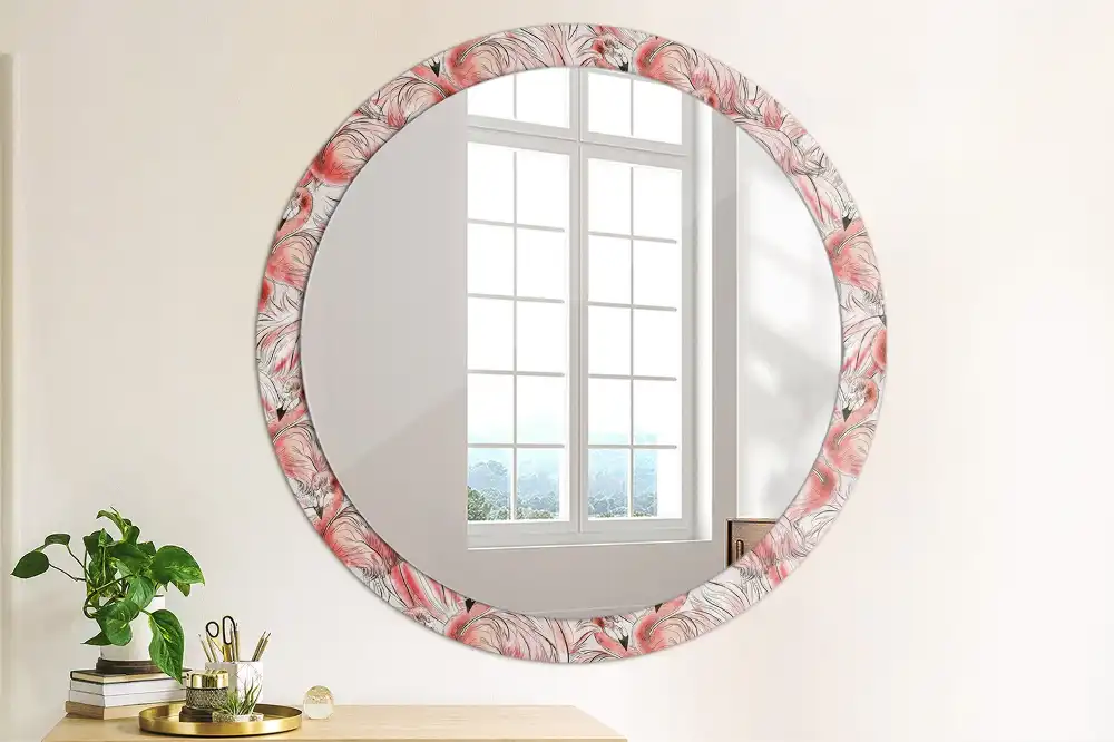 Miroir rond cadre imprimé flamants roses
