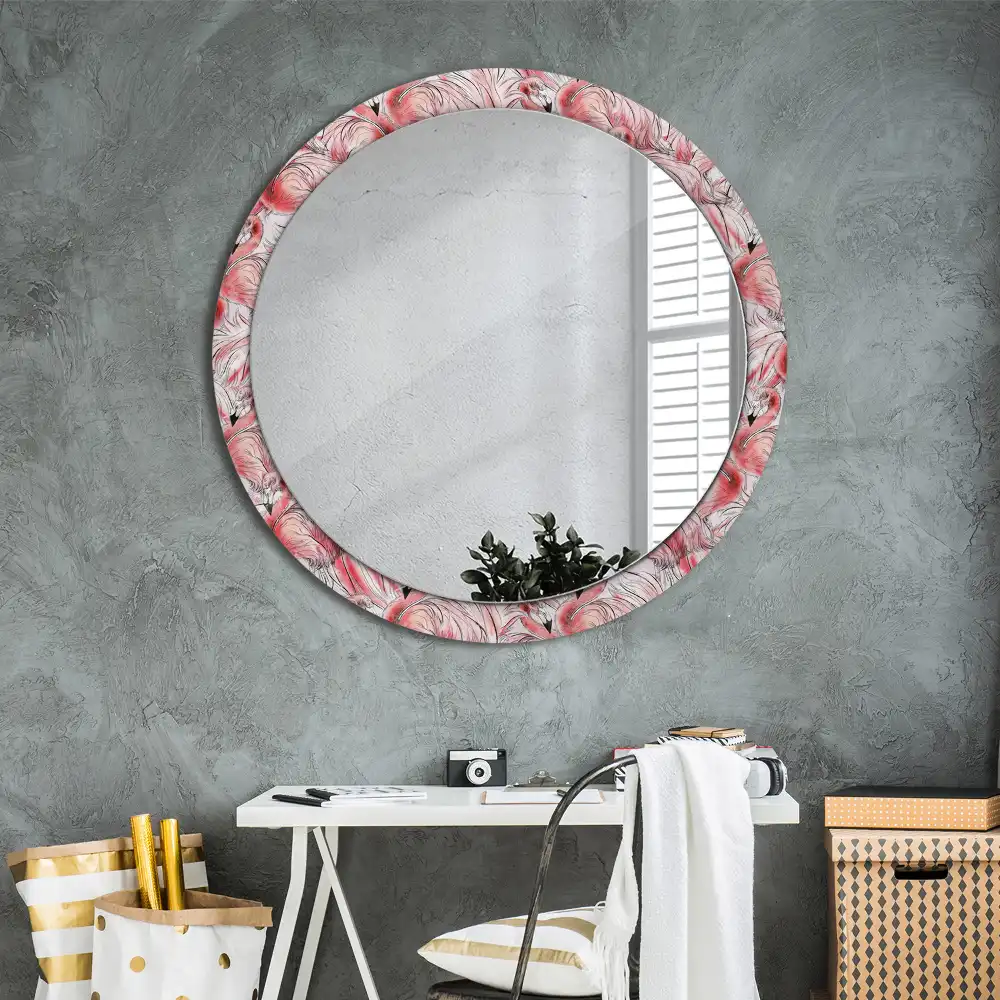 Miroir rond cadre imprimé flamants roses
