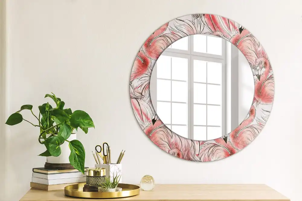 Miroir rond cadre imprimé flamants roses