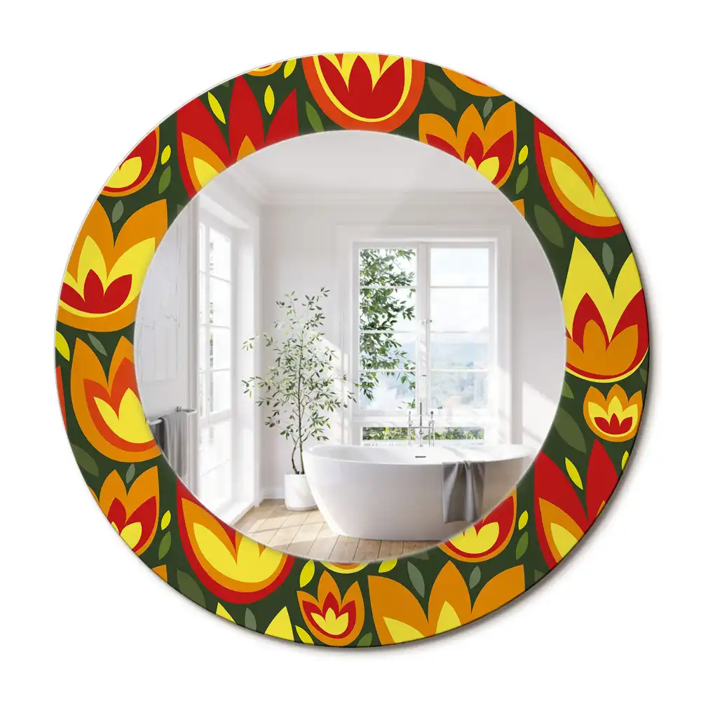 Miroir rond cadre avec impression tulipes rétro