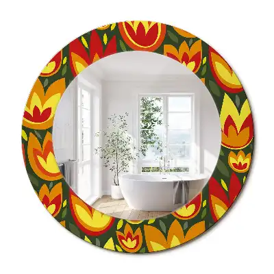 Miroir rond cadre avec impression tulipes rétro