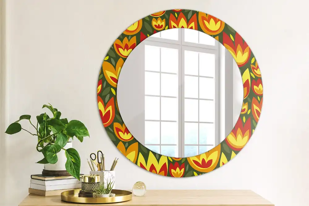 Miroir rond cadre avec impression tulipes rétro