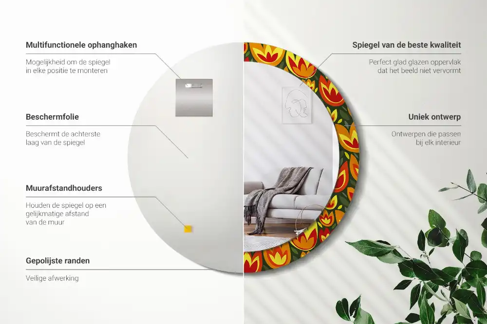 Miroir rond cadre avec impression tulipes rétro