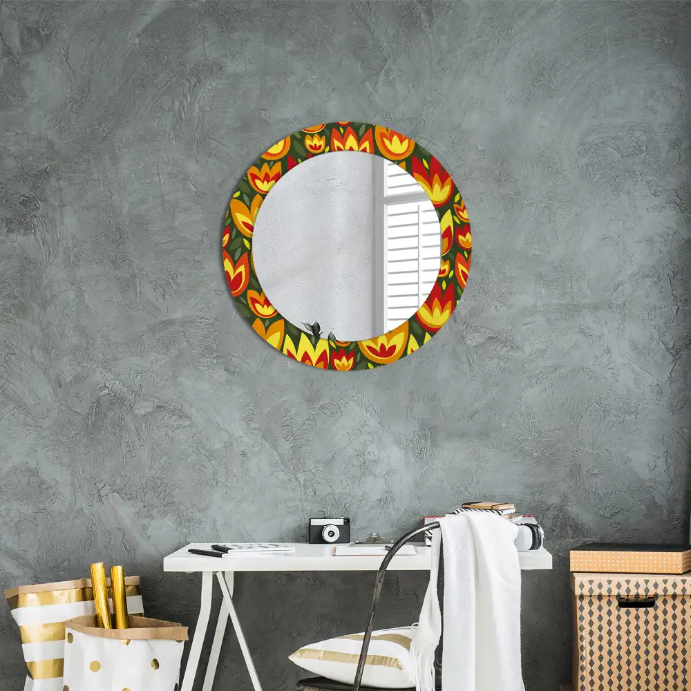 Miroir rond cadre avec impression tulipes rétro
