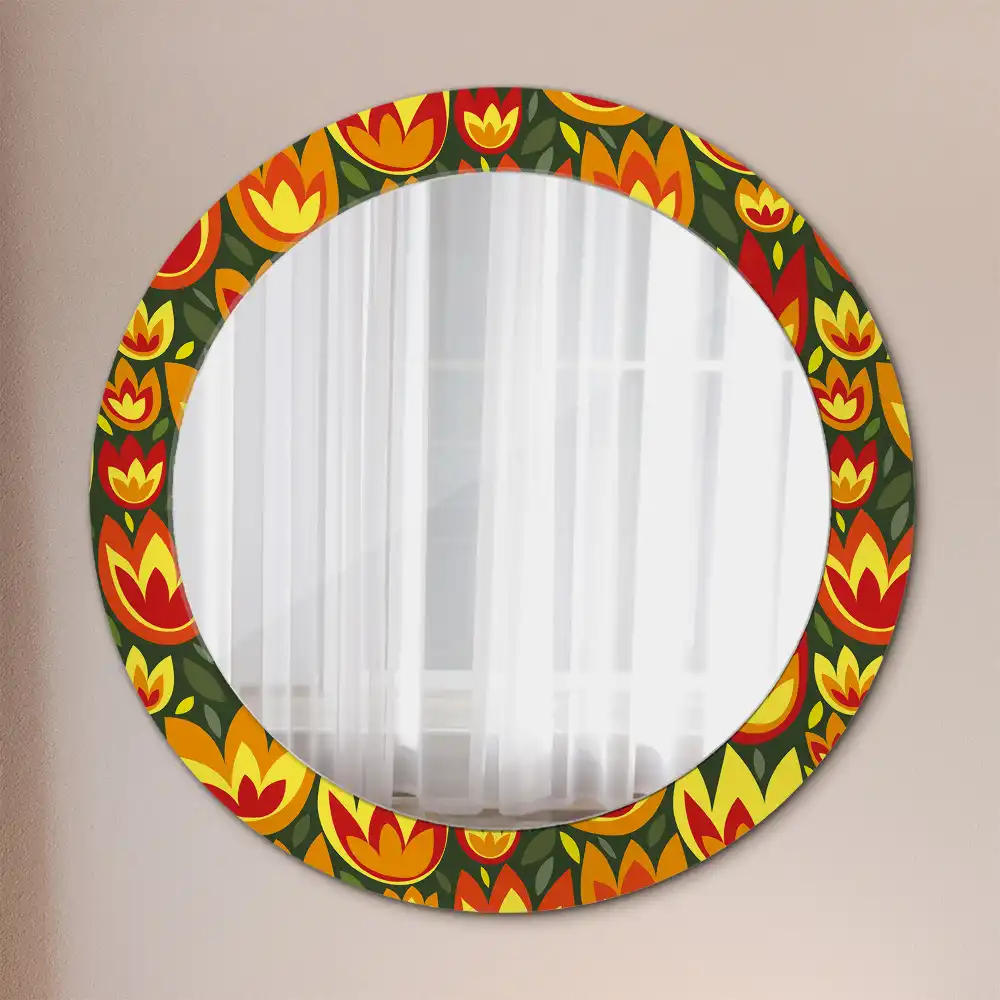 Miroir rond cadre avec impression tulipes rétro