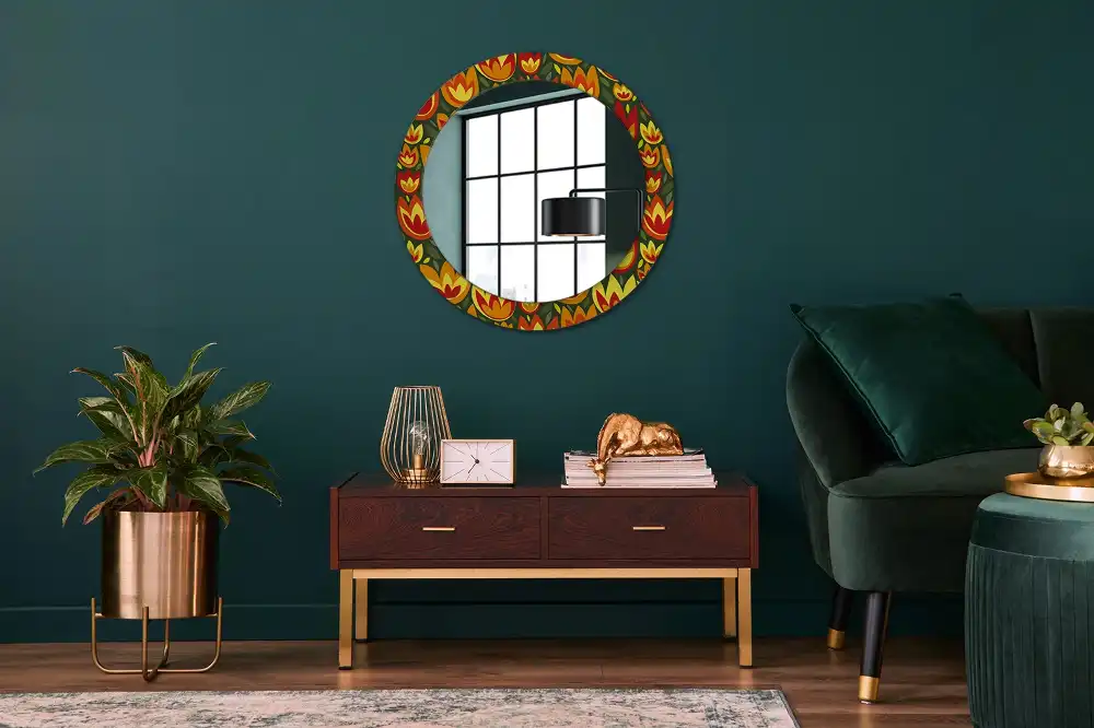 Miroir rond cadre avec impression tulipes rétro