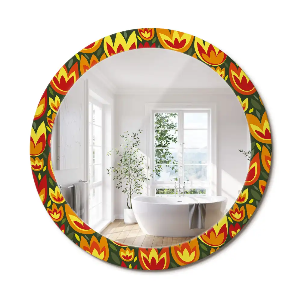 Miroir rond cadre avec impression tulipes rétro