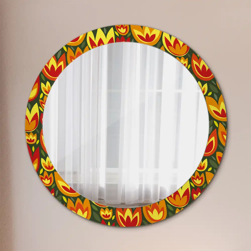 Miroir rond cadre avec impression tulipes rétro