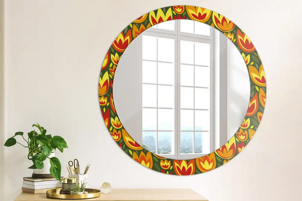 Miroir rond cadre avec impression tulipes rétro