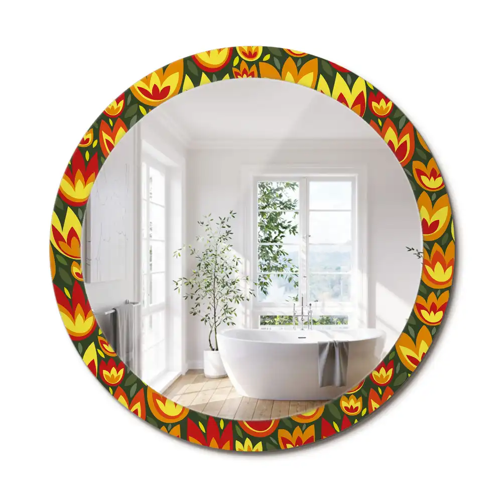 Miroir rond cadre avec impression tulipes rétro