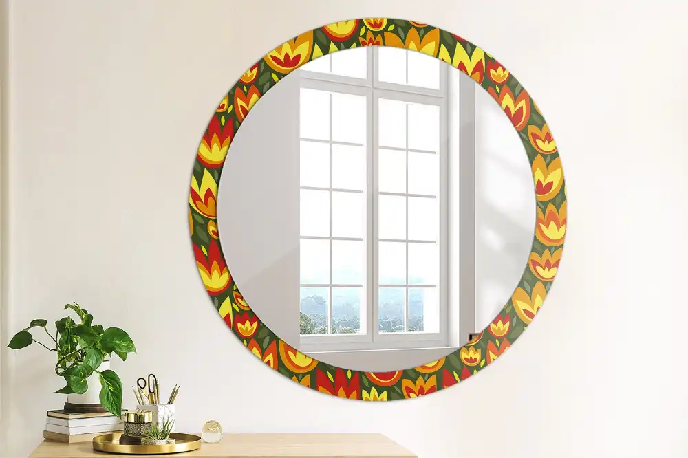Miroir rond cadre avec impression tulipes rétro