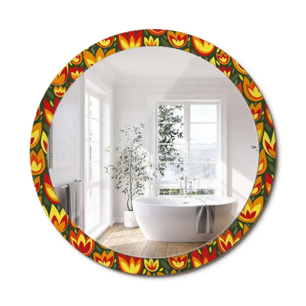 Miroir rond cadre avec impression tulipes rétro