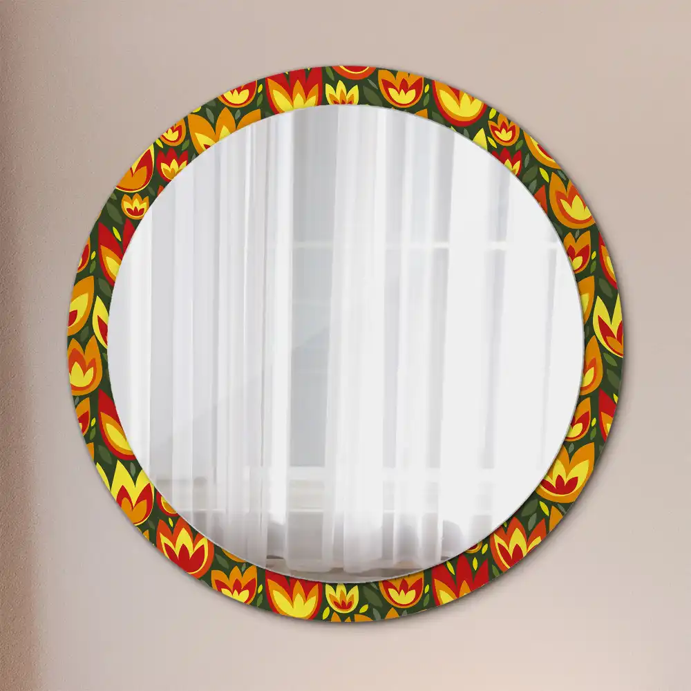 Miroir rond cadre avec impression tulipes rétro