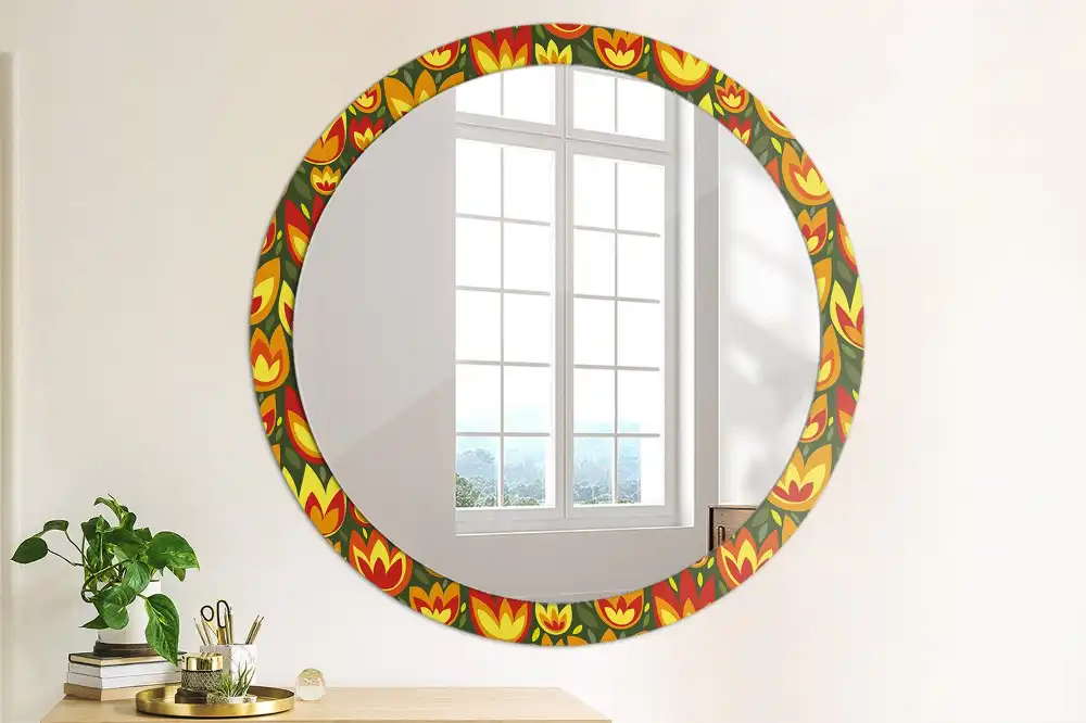 Miroir rond cadre avec impression tulipes rétro