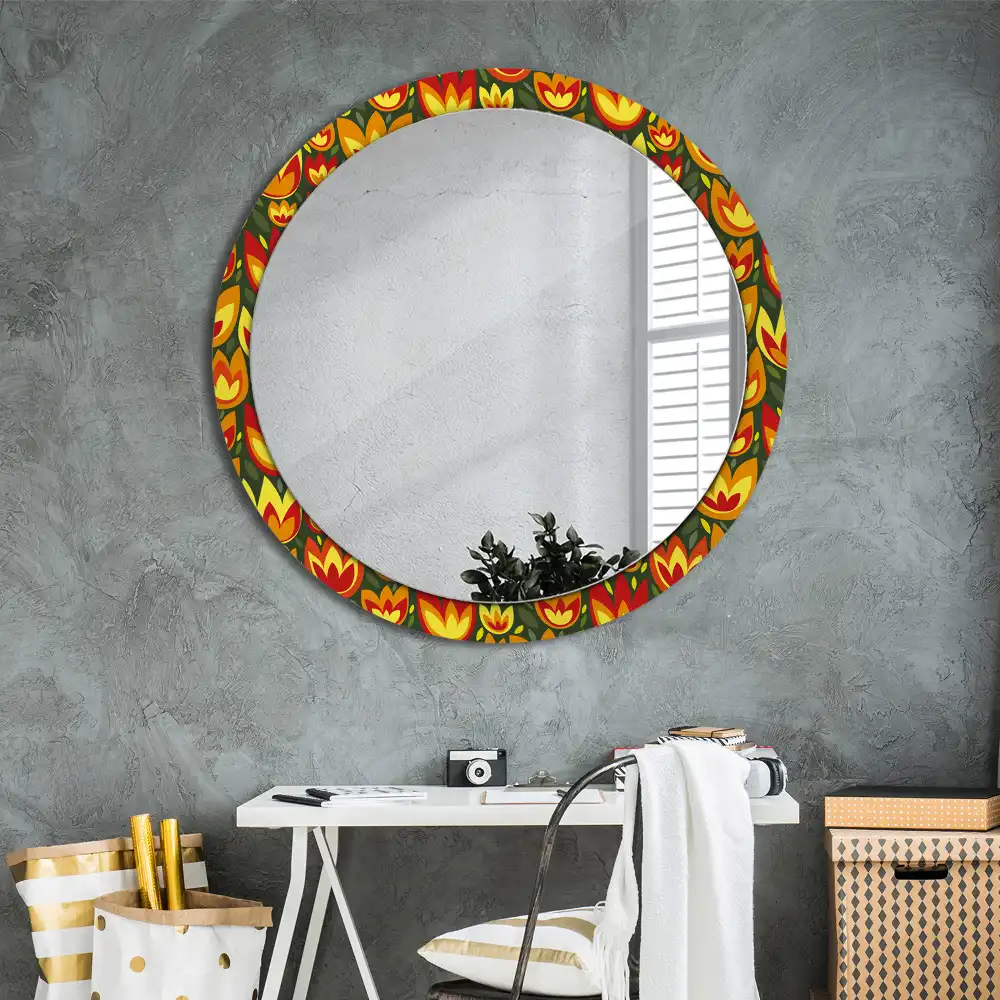 Miroir rond cadre avec impression tulipes rétro