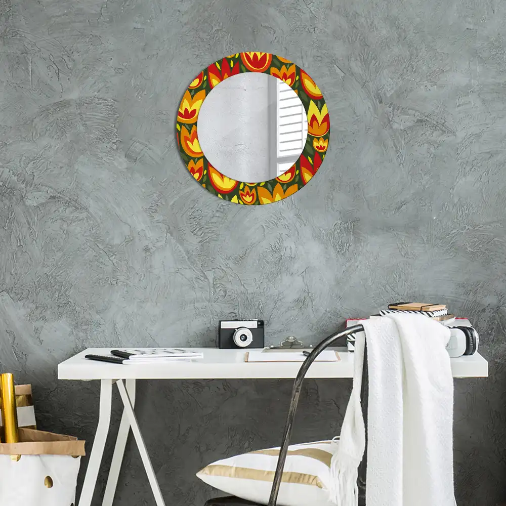 Miroir rond cadre avec impression tulipes rétro