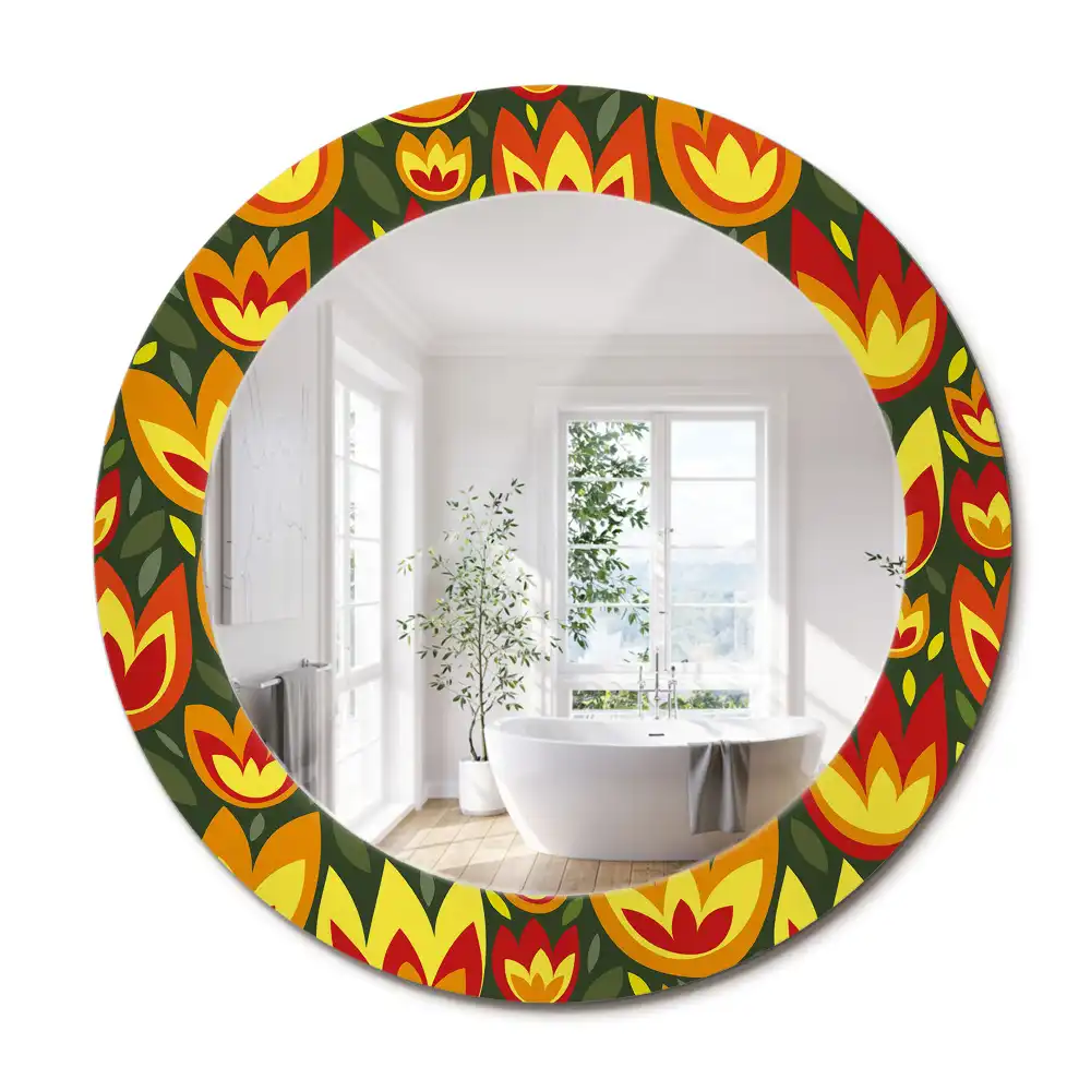 Miroir rond cadre avec impression tulipes rétro