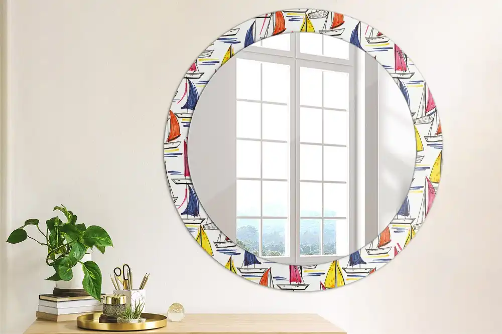 Miroir rond imprimé bateaux colorés