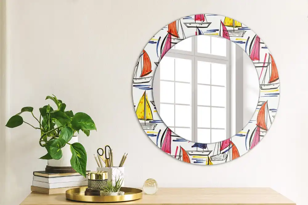 Miroir rond imprimé bateaux colorés