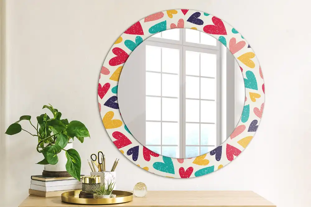 Miroir rond cadre imprimé cœurs colorés