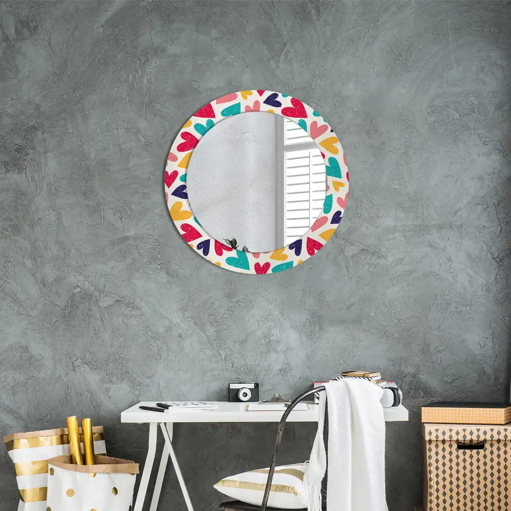 Miroir rond cadre imprimé cœurs colorés